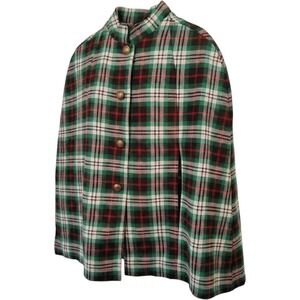 Vintage Girls Size 10 Plaid Cape Coat Green Red Holiday Tartan USA Made